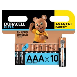 Duracell Ultra Alkalin AAA İnce Kalem Piller, 10'lu paket
